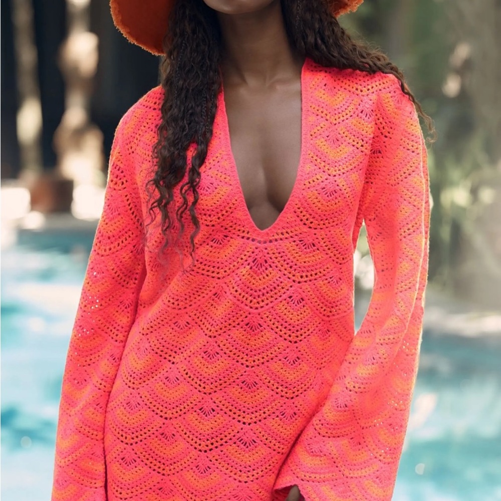 Anthropologie Neon Coral Crochet Swim Coverup